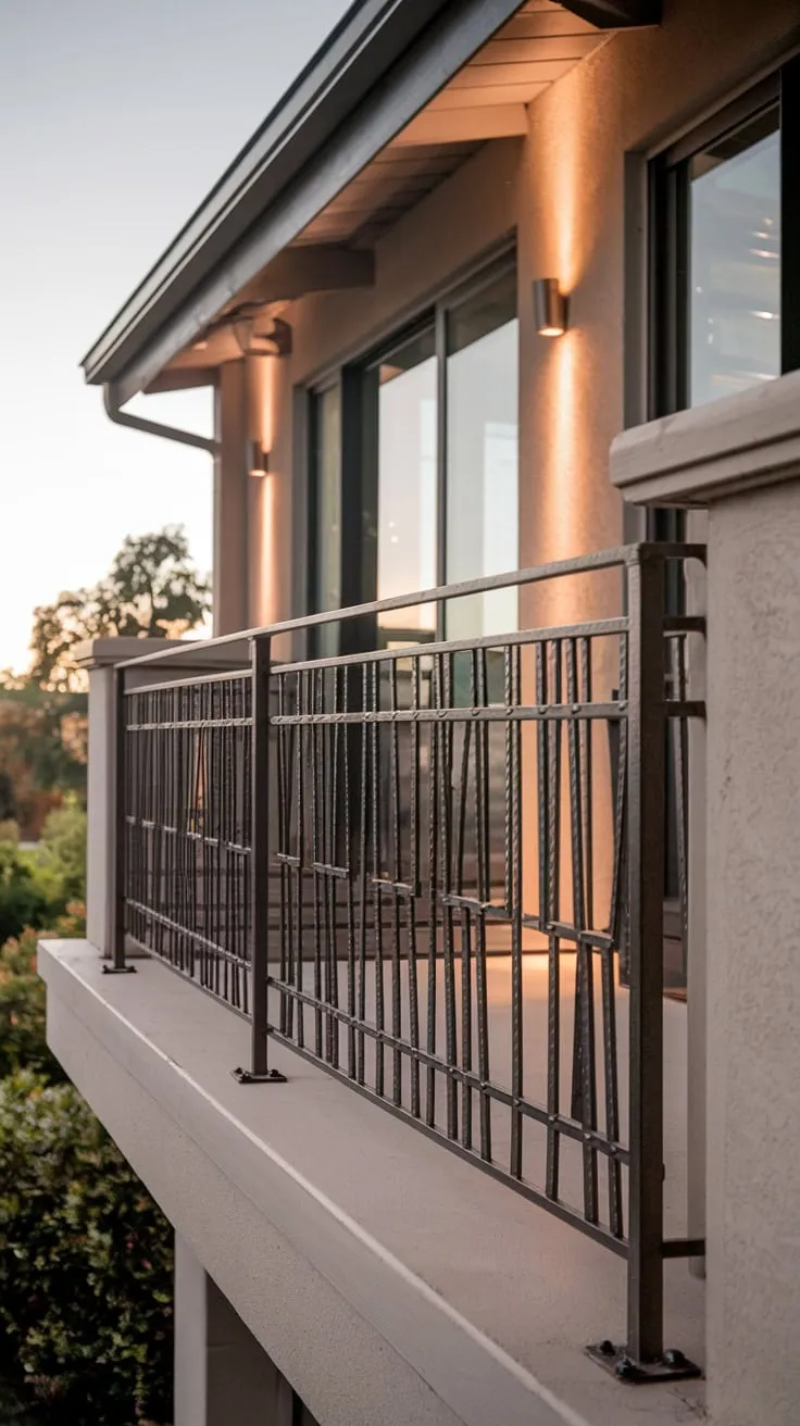 High above, you see the home's stylish design bathed in the gentle glow of evening, its balcony railing framing a stunning panorama