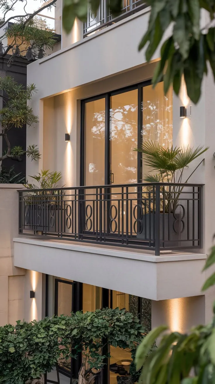 Discover your sanctuary in this minimalist modern home, where unique balcony railings and soft lighting create an inviting retreat