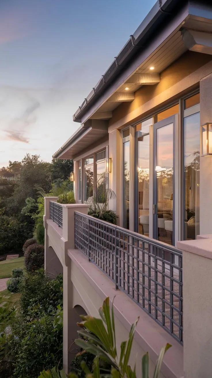 From your balcony, soft lighting highlights the sleek design of your home, showcasing a serene landscape bathed in evening calm