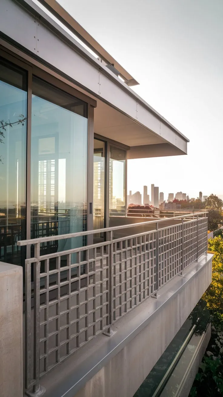 Discover your dream modern home, where sleek glass and concrete meet stunning city skyline views from a stylish balcony with chic metal railings