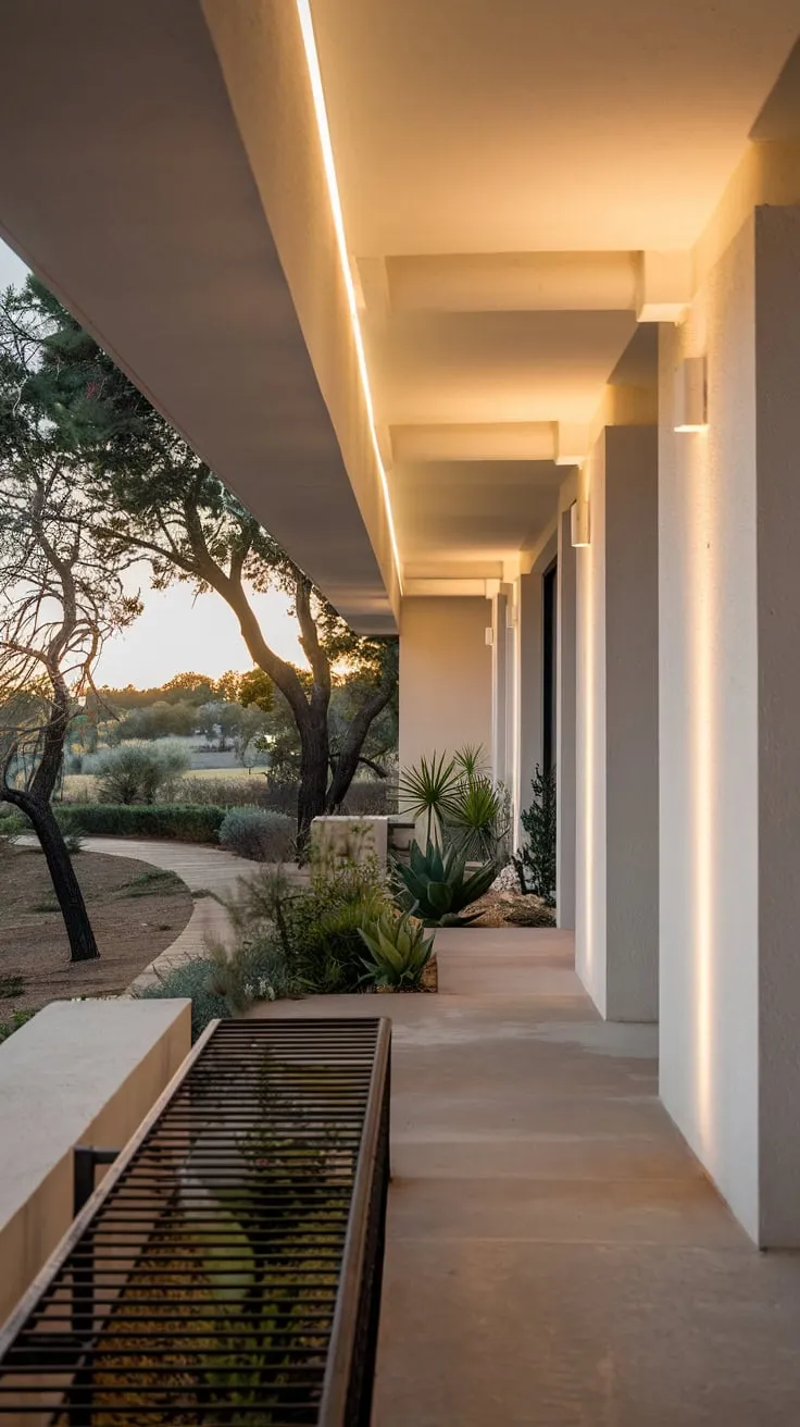 Warm light bathes your minimalist white home, its balcony overlooking a serene landscape of trees and a winding path