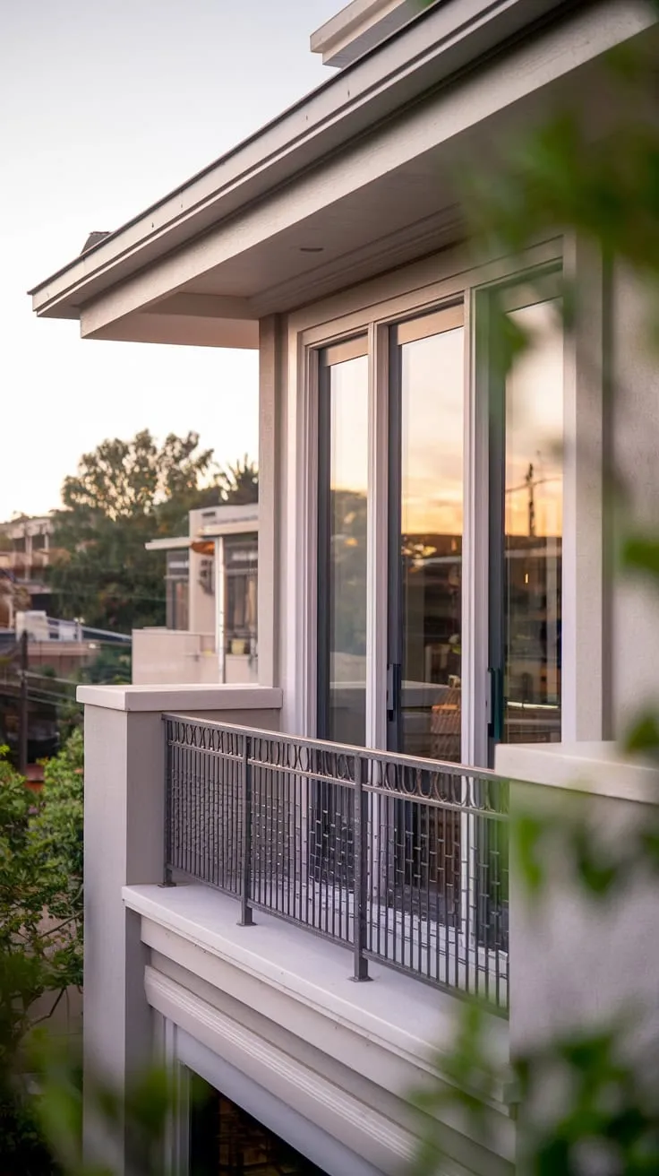 A high-angle view reveals a home bathed in soft light, its balcony railing framing a backdrop of buildings and greenery