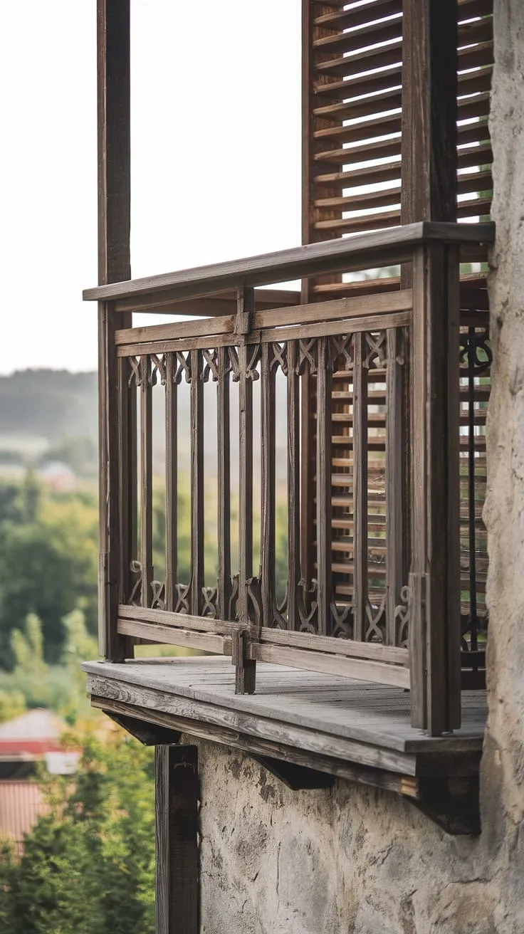 The interplay of light and shadow on this decorative balcony railing reveals the beauty of aged wood and the enduring appeal of classic balcony railing styles. This balcony railing design, featuring a mix of wooden slats and intricate grill railing, offers a glimpse into the artistry of balcony railing systems.  While the gaps in the wooden balcony railing highlight the need for occasional balcony railing installation or repair, the overall balcony safety railing remains effective.  The serene landscape visible through the metal balcony railing (where it's been repaired) provides a stunning backdrop, showcasing the importance of choosing the right balcony railing materials for both aesthetics and functionality.