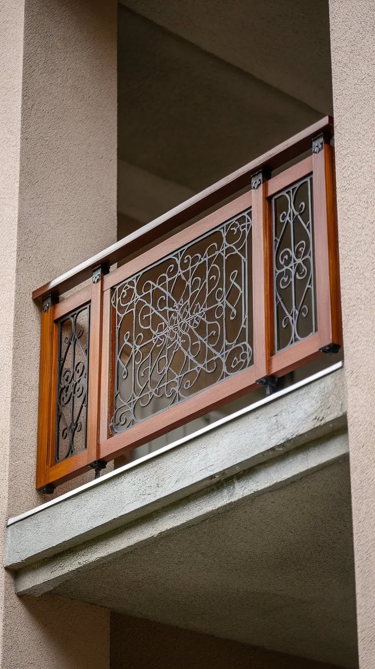 This exquisite wooden balcony railing, featuring an intricately designed metal grill, exemplifies the perfect blend of safety and style.  The balcony railing design showcases superior craftsmanship, highlighting the thoughtful consideration given to balcony railing materials and balcony railing installation.  This balcony guardrail offers robust balcony safety railing, while the decorative balcony railing adds a touch of elegance to any outdoor space.  Explore various balcony railing ideas and balcony railing systems with this inspiring balcony railing design.