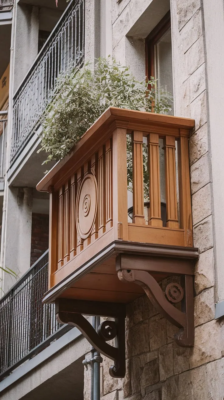 This exquisite wooden balcony railing, with its intricate circular top and scrolling base, offers both beauty and safety.  The balcony grill railing design provides a charming contrast to the neighboring metal balcony railings, showcasing the diverse balcony railing styles and materials available for balcony railing installation.  Consider this balcony railing design for your own outdoor railing needs; explore various balcony railing systems and balcony railing ideas to find the perfect balcony safety railing for your home.