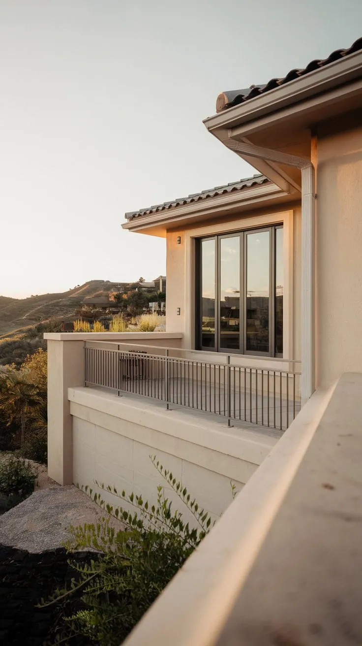 A hilltop home, bathed in gentle light, reveals its balcony and a stunning landscape view from your high-angle perspective