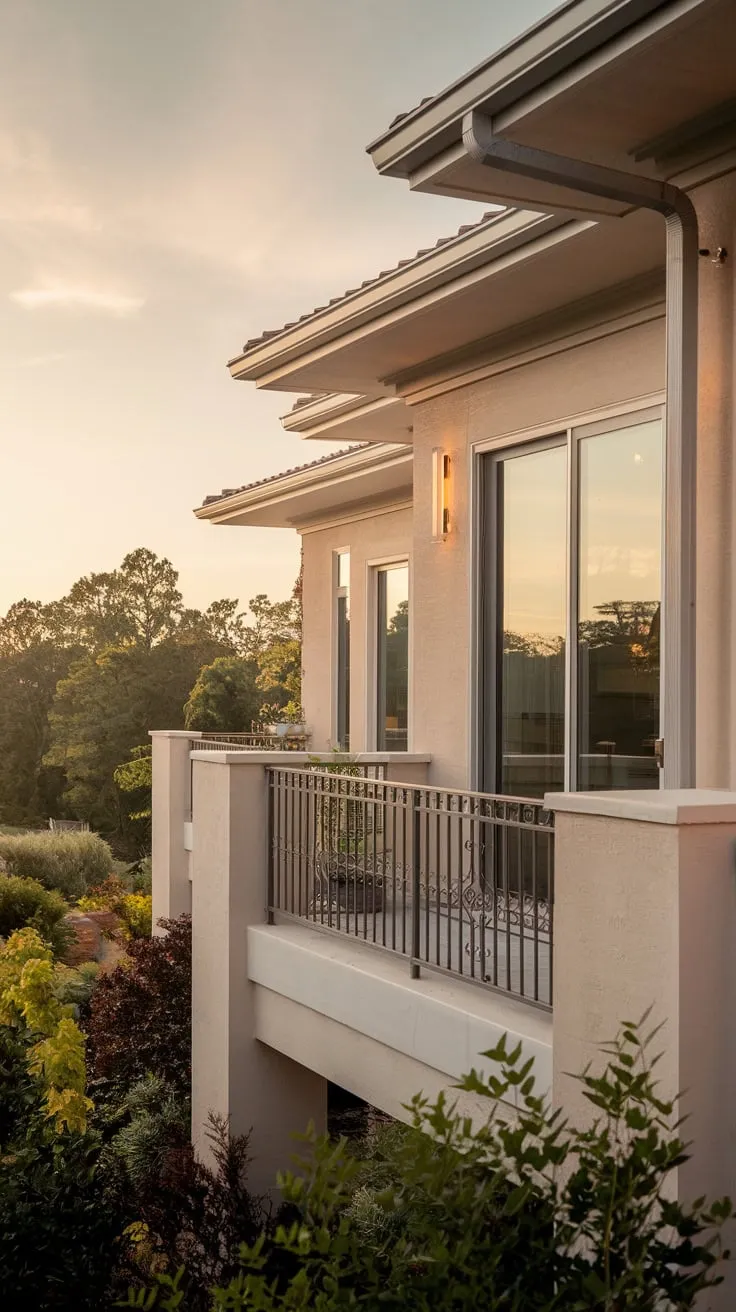 A breathtaking view unfolds before you: a house bathed in gentle light, its architectural details highlighted against a lush landscape and a sky painted in sunset hues