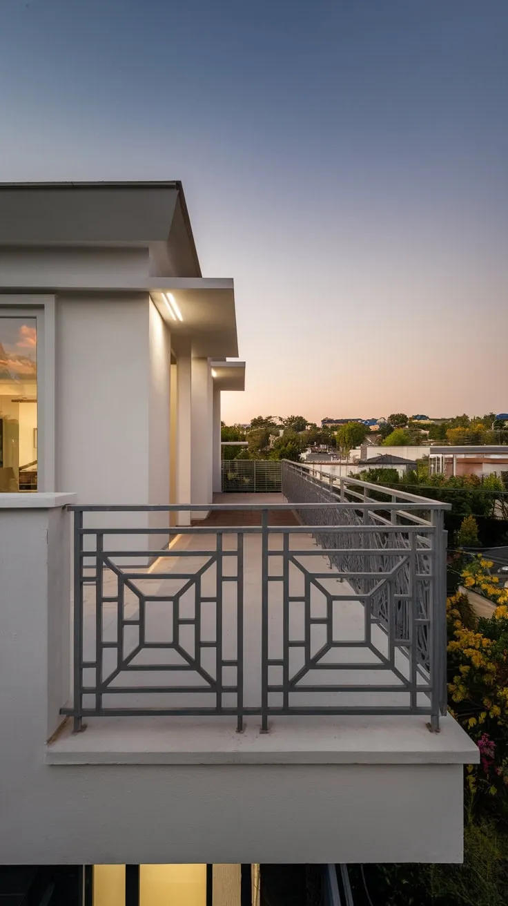 Your clean-lined home, bathed in soft night light, boasts a geometric metal balcony railing overlooking a blend of residential and commercial buildings