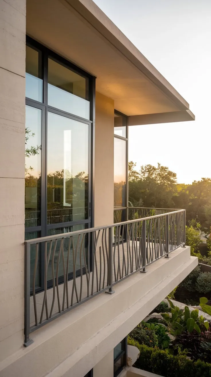 A minimalist home with a wavy metal balcony railing stands out against lush greenery, its beige walls and dark window frames illuminated by soft light in an aerial view