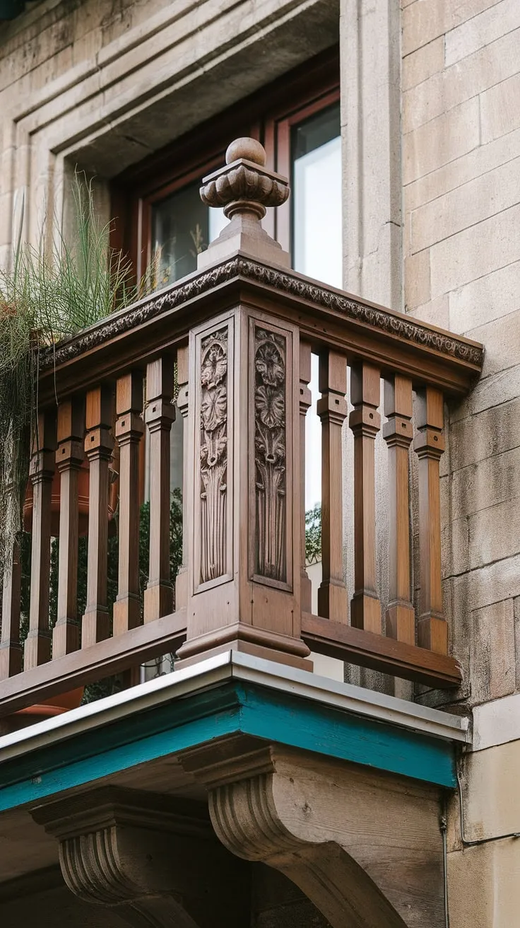 This exquisite wooden balcony railing, a masterpiece of balcony railing design, showcases intricate carvings and a decorative top, enhancing both the aesthetic and the balcony safety railing aspects.  The balcony grill railing's elegant style offers inspiration for balcony railing ideas, demonstrating the versatility of balcony railing materials and the artistry possible with balcony railing installation.  Consider this a testament to the many balcony railing systems and balcony railing styles available for your outdoor railing needs.