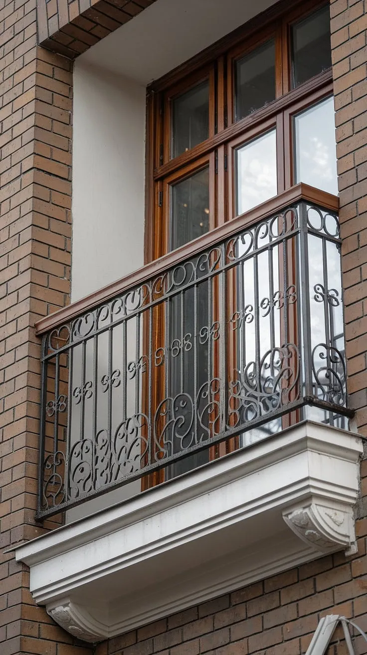 This exquisite wooden balcony railing, a testament to classic balcony railing design, showcases intricate scrollwork and a blend of wooden balcony railing and metal balcony railing materials.  The balcony grill railing offers both beauty and balcony safety railing functionality, making it a perfect example of balcony railing systems and balcony railing ideas for your outdoor railing needs.  Consider this balcony guardrail for your next balcony railing installation.