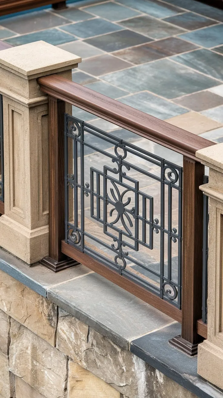 This exquisite wooden balcony railing, featuring a meticulously crafted metal grill design, exemplifies the perfect blend of form and function.  The balcony railing systems showcase a stunning balcony railing design, offering both balcony safety railing and a touch of elegance.  Consider this for your next balcony railing installation; explore various balcony railing materials and balcony railing styles to find the perfect fit for your outdoor railing needs.  The decorative balcony railing and grill railing add a unique charm, providing inspiration for your own balcony railing ideas.