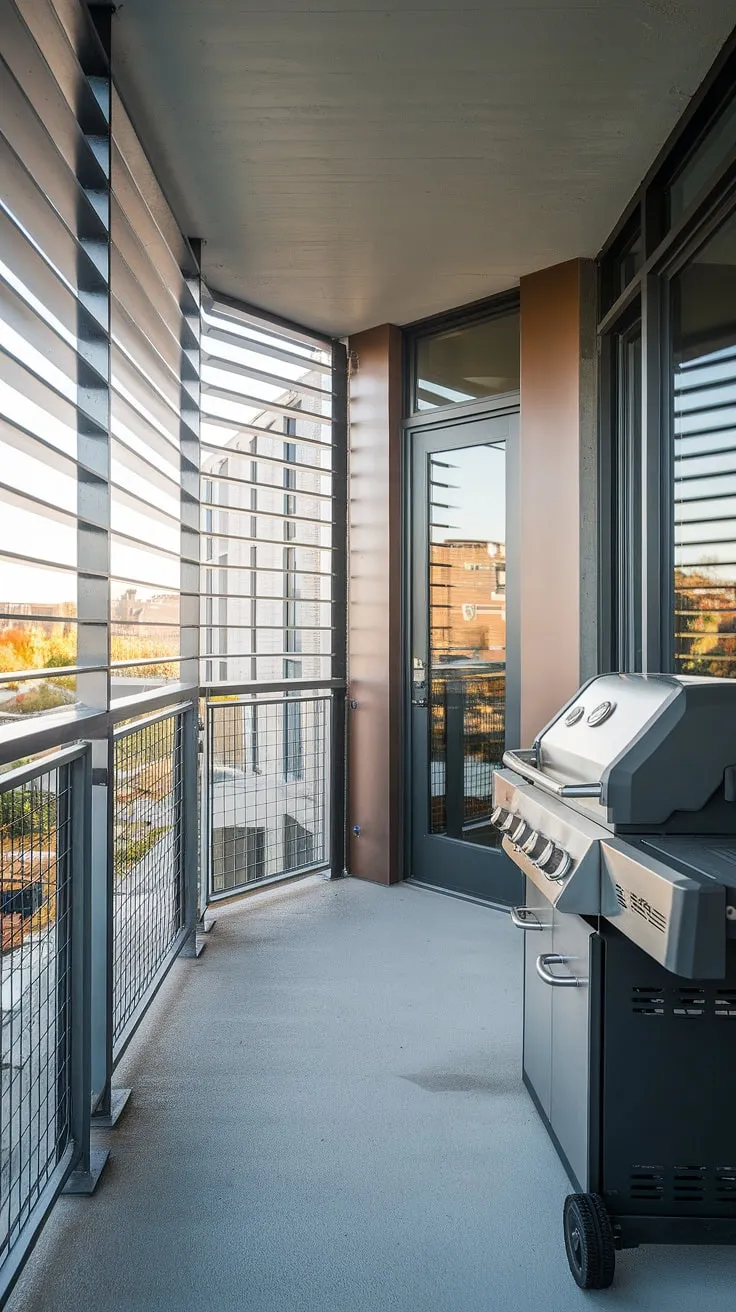 Unwind on this balcony grill terrace. The modern fence design and grill door design enhance the patio design, creating the ultimate outdoor kitchen design and inspiring balcony ideas.