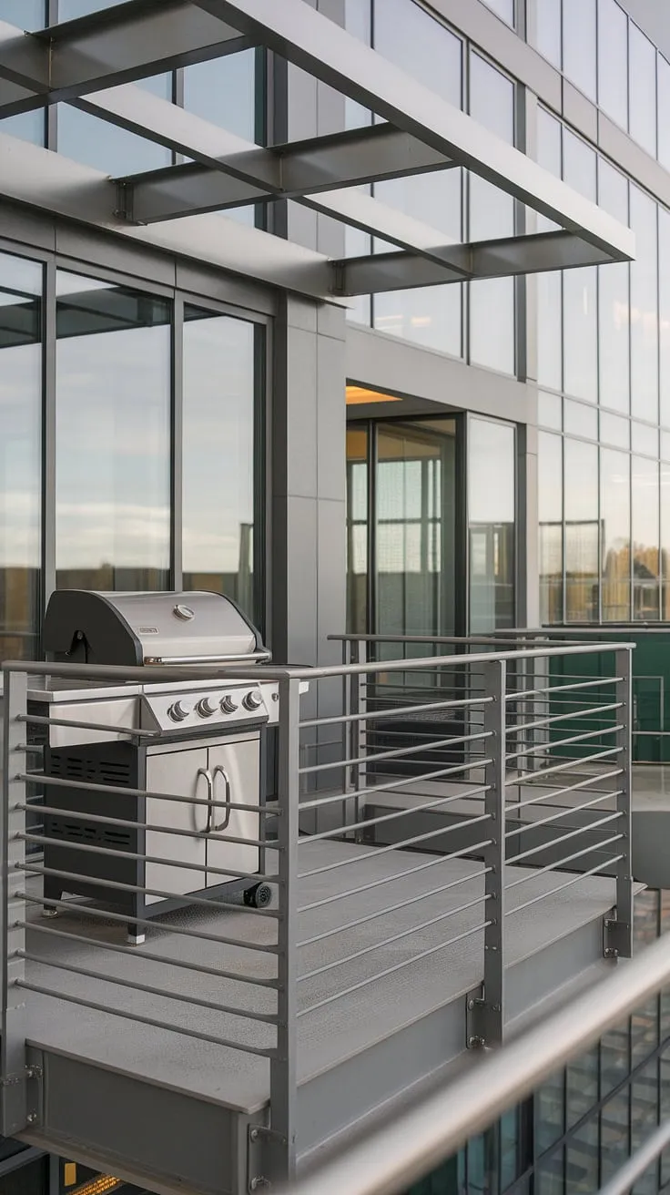 This modern balcony grill terrace seamlessly blends indoor and outdoor living. The sleek balcony railing design, paired with the integrated grill and its stylish grill door design, creates a sophisticated outdoor kitchen design. This patio design showcases innovative balcony ideas and a striking modern fence design, perfect for those seeking inspiration in terrace grill design.