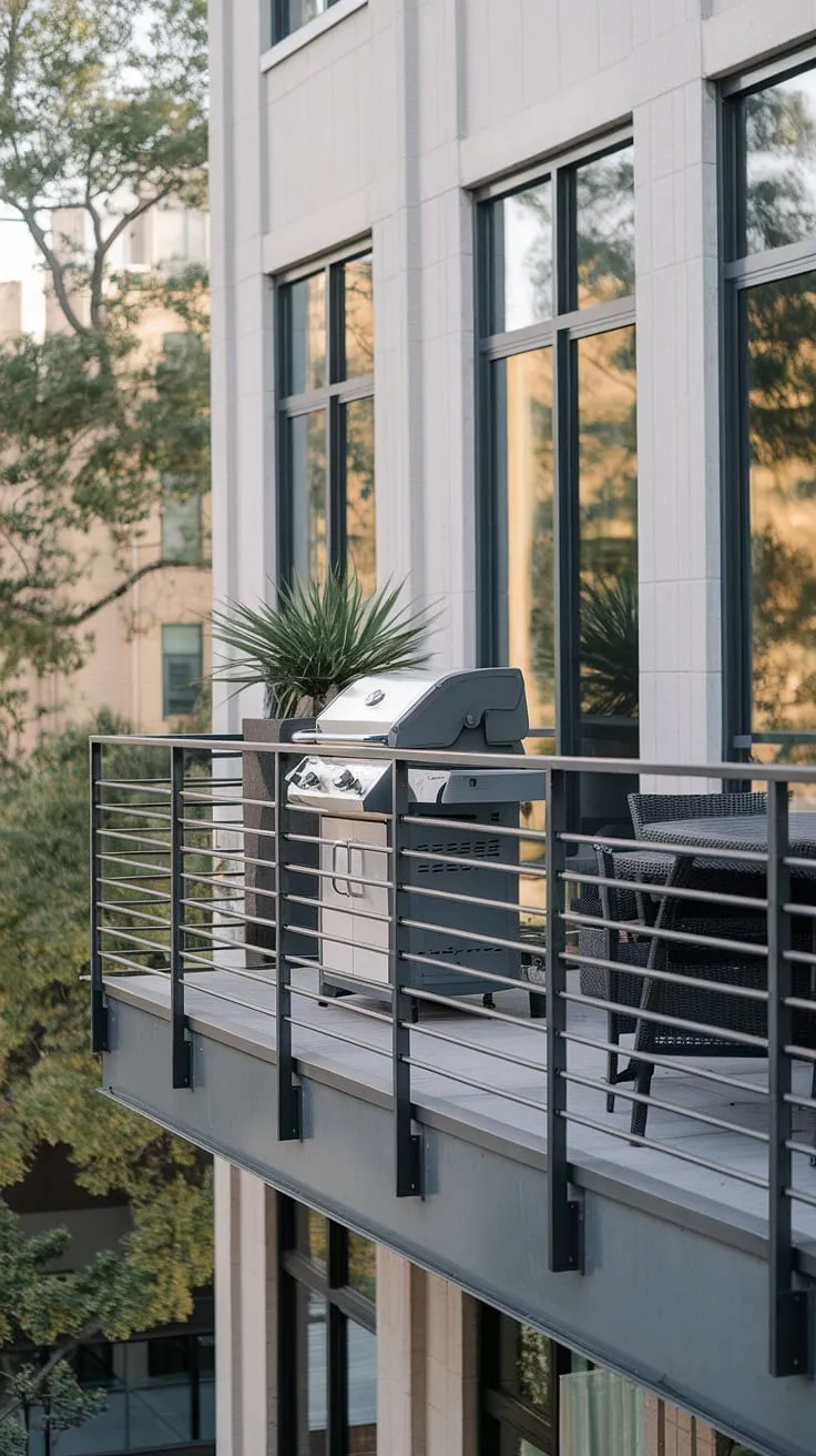 Dreamy balcony grill terrace showcasing a stunning modern fence design and grill door design. This outdoor living design seamlessly blends indoor and outdoor spaces, offering the ultimate in patio design and balcony ideas.
