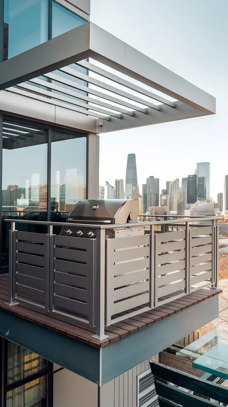 Urban oasis: This balcony grill terrace boasts sleek stainless steel railing, a modern fence design, and the perfect setup for outdoor living design. Balcony ideas elevated.