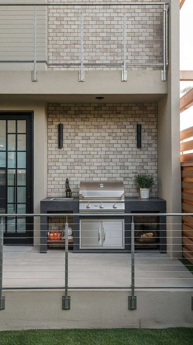 Unwind in style with this modern balcony grill terrace. The sleek balcony railing design and brick backdrop complement the outdoor kitchen design perfectly, creating the ultimate outdoor living design. This patio design showcases innovative balcony ideas and a unique grill door design.