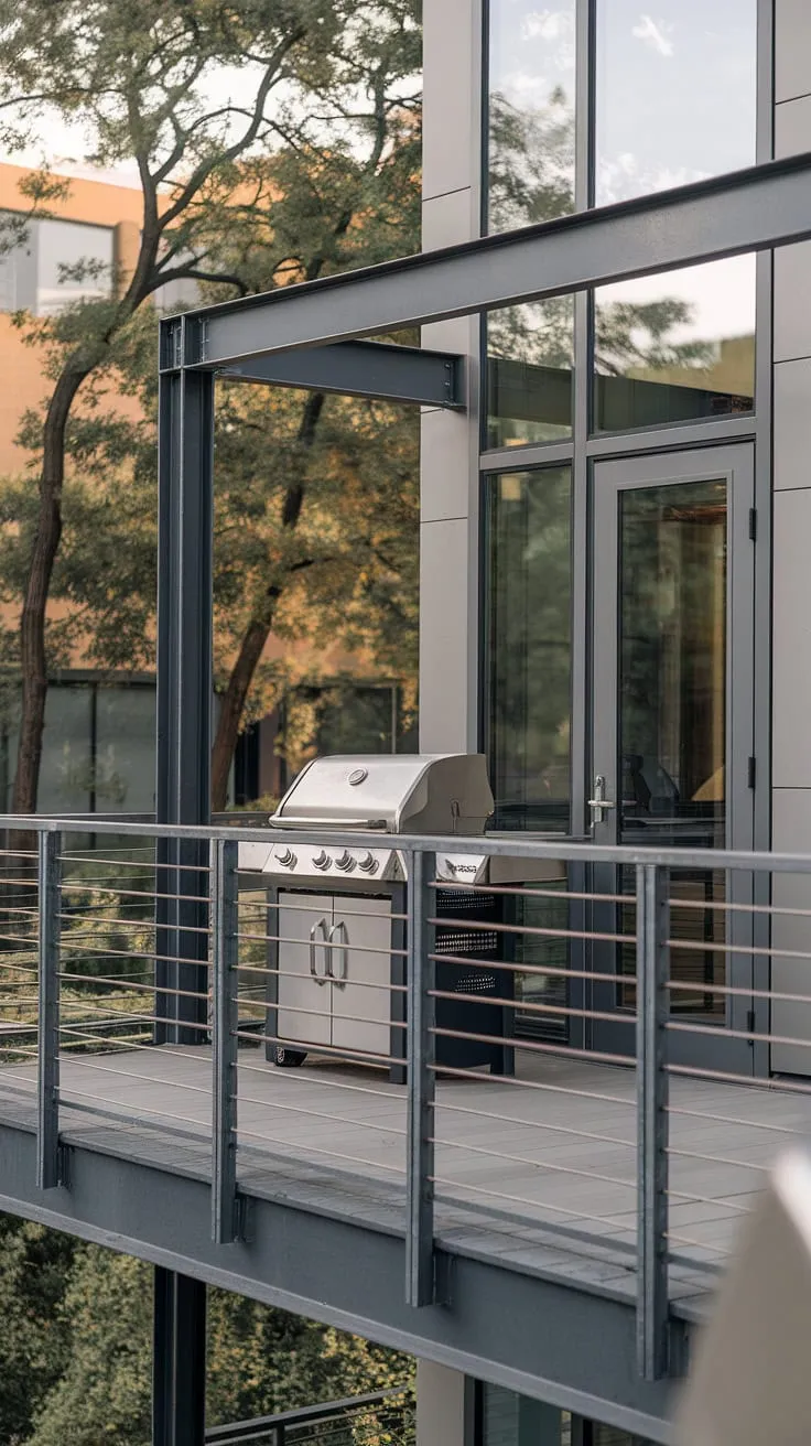 Unwind in style with this stunning balcony grill terrace. Modern fence design meets outdoor living design, creating the perfect patio design and outdoor kitchen design. Note the sleek balcony railing design and grill door design.