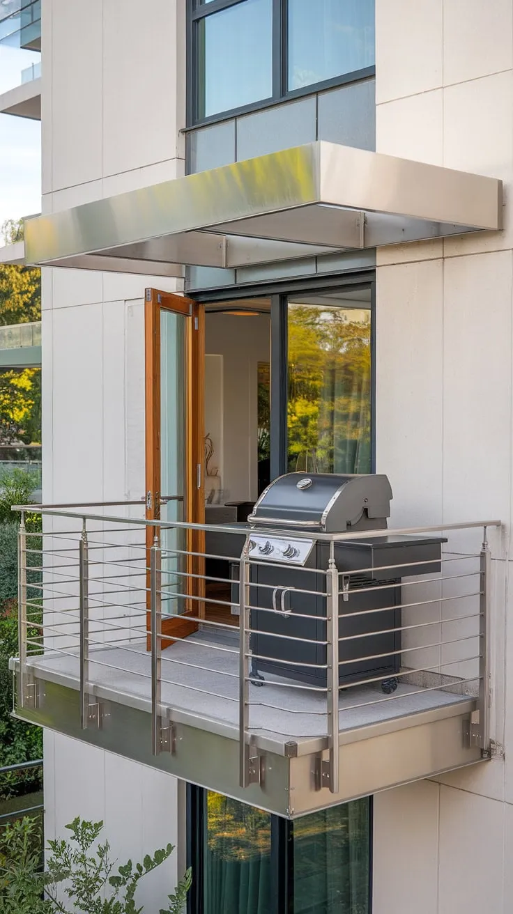 Enjoy the ultimate outdoor living experience with this stunning balcony grill terrace. The balcony railing design, featuring a contemporary stainless steel finish, perfectly frames the compact yet functional outdoor kitchen design and its built-in black grill. The wooden door provides seamless access to the interior, while the surrounding greenery completes this inviting patio design. Consider this space for your next balcony ideas, showcasing innovative terrace grill design and modern fence design.