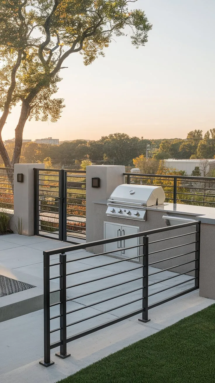 Dreamy balcony ideas come to life with this modern balcony grill terrace. The minimalist balcony railing design and contemporary modern fence design frame breathtaking views. The integrated grill door design and outdoor kitchen design elevate this patio design into the ultimate outdoor living space.