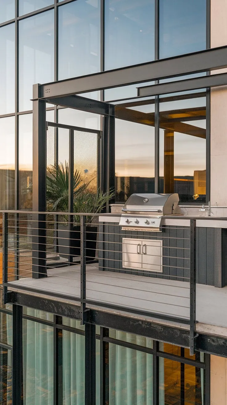 This balcony grill terrace is a masterclass in outdoor living design. The contemporary outdoor kitchen design, complete with integrated grill and sink, is perfectly positioned on a concrete floor, overlooking a cityscape. Note the thoughtful balcony railing design, a modern fence design that complements the glass balcony. This patio design and grill door design are excellent examples of balcony ideas for those seeking to maximize their outdoor space.