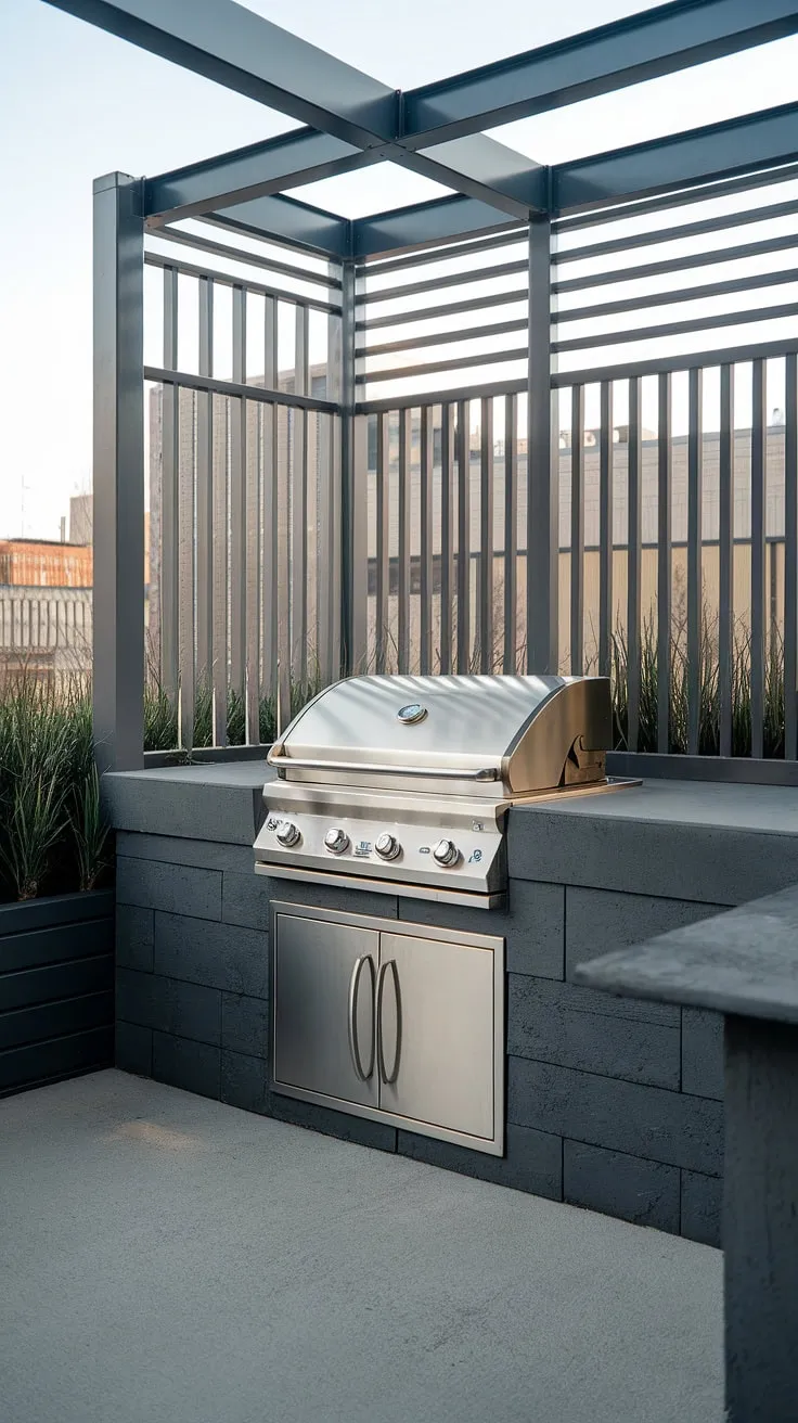Urban oasis redefined: This balcony grill terrace boasts a stunning outdoor kitchen design, modern fence design, and sleek balcony railing design, creating the ultimate outdoor living design. The grill door design seamlessly integrates with the patio design.