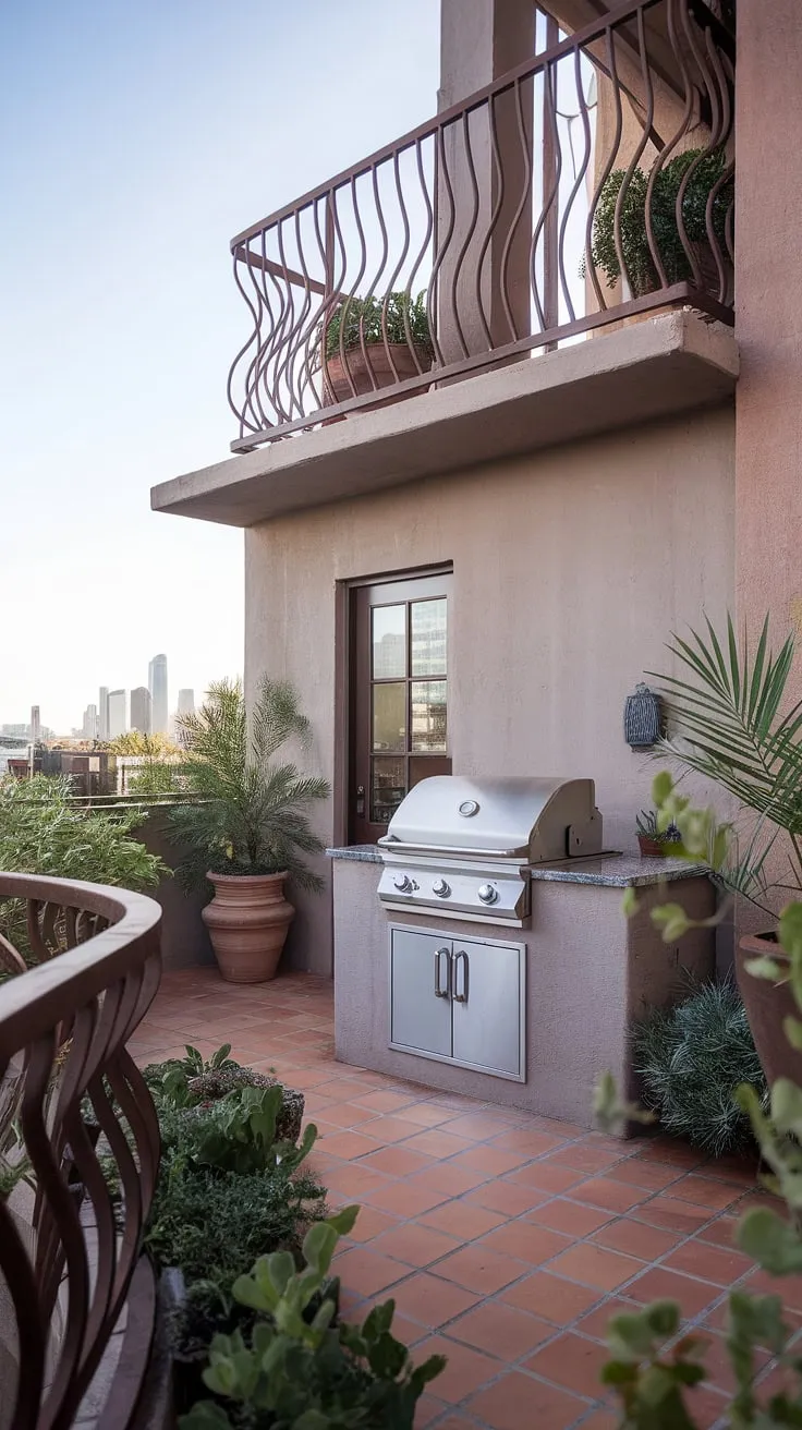 This rustic-chic outdoor kitchen, complete with a built-in grill, transforms this balcony into an extension of the indoor living space. The unique wave-like balcony railing design adds a touch of modern elegance, complementing the terracotta flooring and potted plants. This terrace grill design offers stunning city skyline views, showcasing exceptional outdoor living design and patio design ideas. The grill door design seamlessly integrates with the modern fence design, creating a cohesive and functional outdoor kitchen design.
