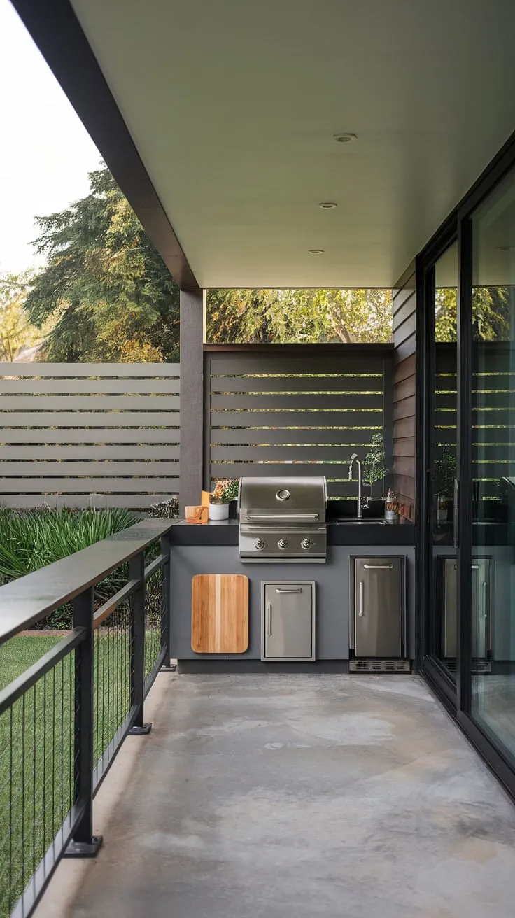 Unwind in style with this sleek balcony grill terrace. Modern fence design meets stunning outdoor living design, creating the ultimate patio design and outdoor kitchen design. Balcony ideas elevated.