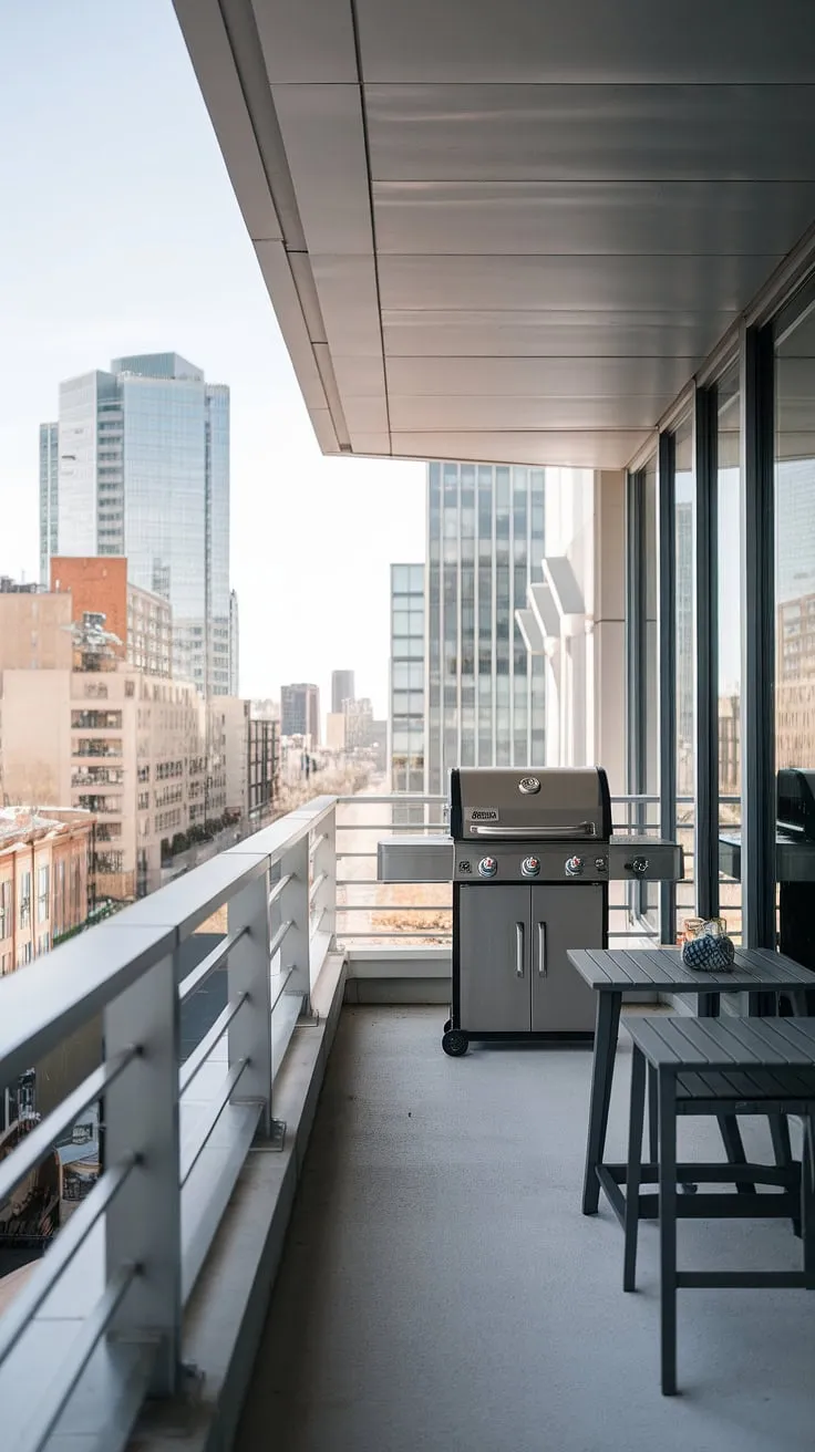 Urban oasis: This balcony grill terrace boasts sleek modern fence design and a captivating view. Perfect balcony ideas for outdoor living design, featuring a stylish terrace grill design and innovative grill door design.