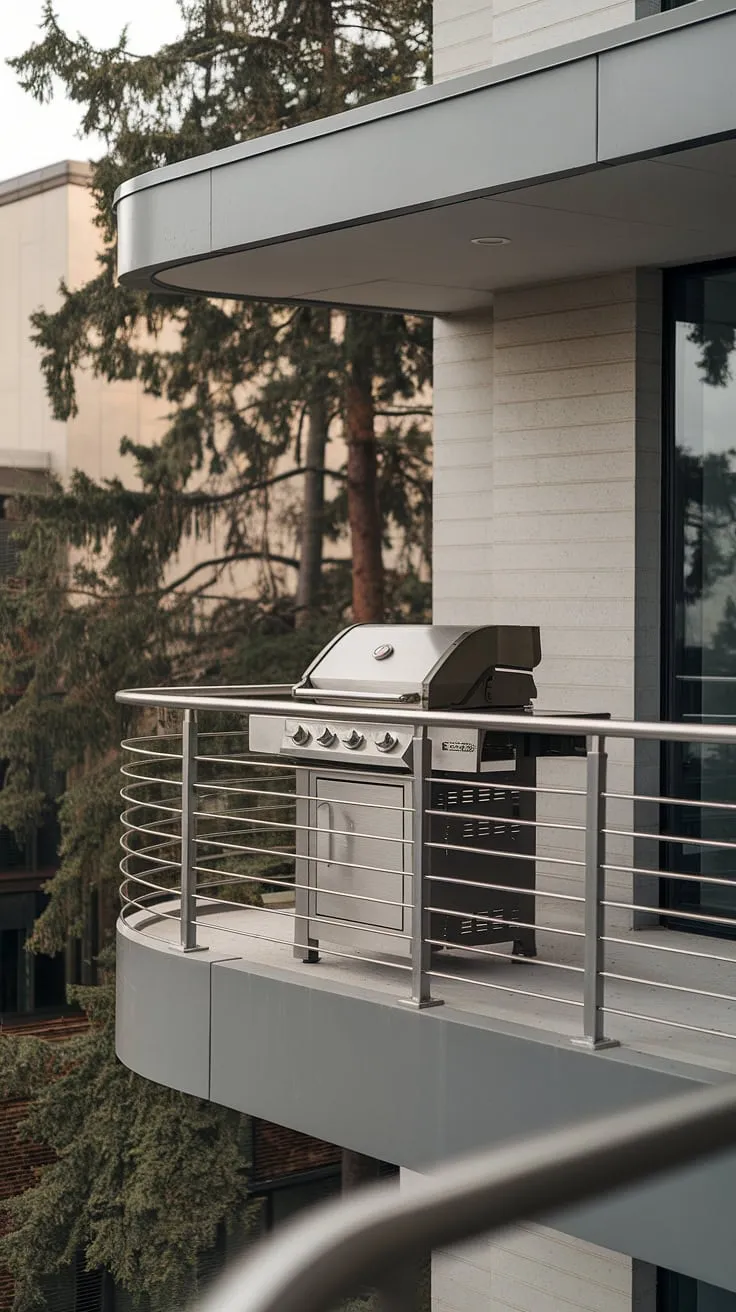 Experience the ultimate in outdoor living design with this stunning balcony grill terrace. The integrated terrace grill design, featuring a stylish grill door design, is a highlight of this space. The curved balcony railing design and modern fence design add a touch of elegance, making it a prime example of balcony ideas and patio design. This outdoor kitchen design perfectly complements the minimalist building architecture.