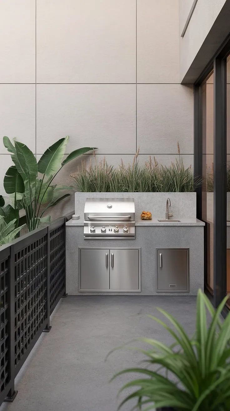 This balcony grill terrace is the ultimate outdoor kitchen design dream. From the terrace grill design to the minimalist balcony ideas and modern fence design, every detail elevates this outdoor living space. Note the smart balcony railing design.