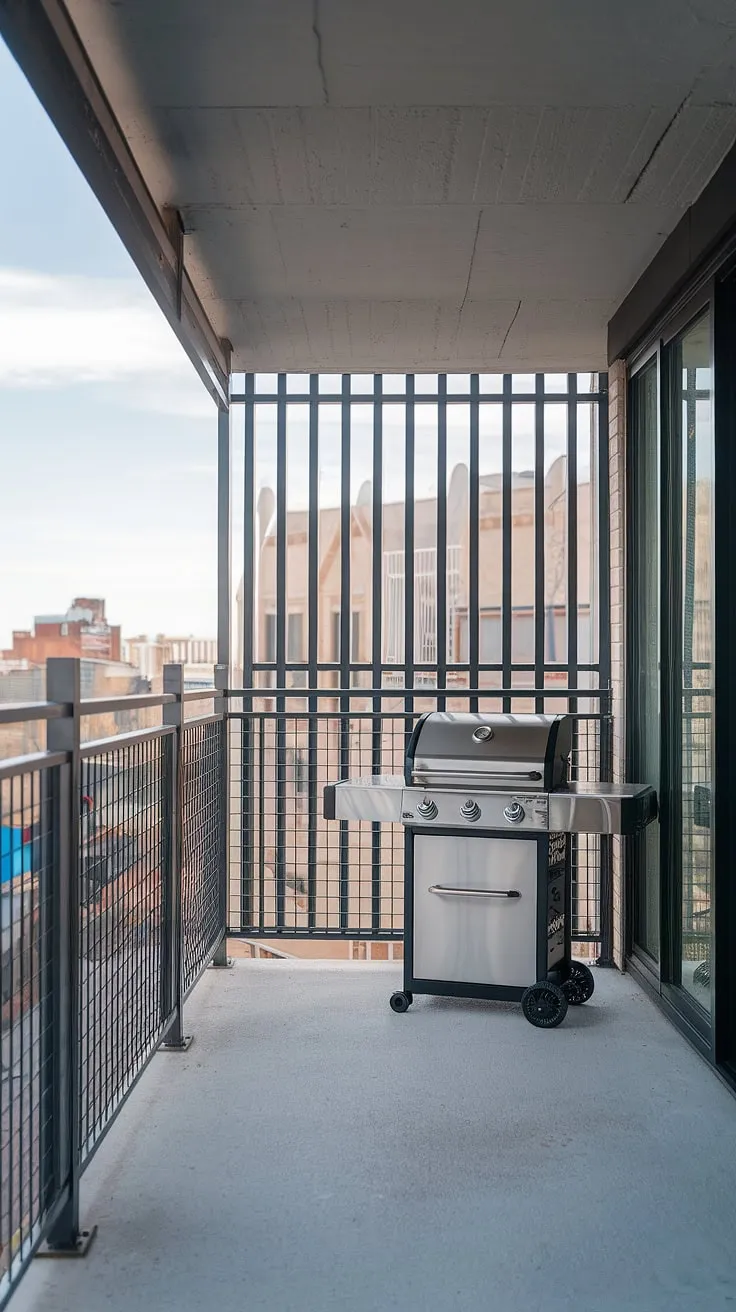 Urban oasis: This balcony grill terrace boasts a modern fence design, seamlessly blending outdoor living design with sleek balcony railing design and a practical terrace grill design. Perfect balcony ideas for city dwellers.
