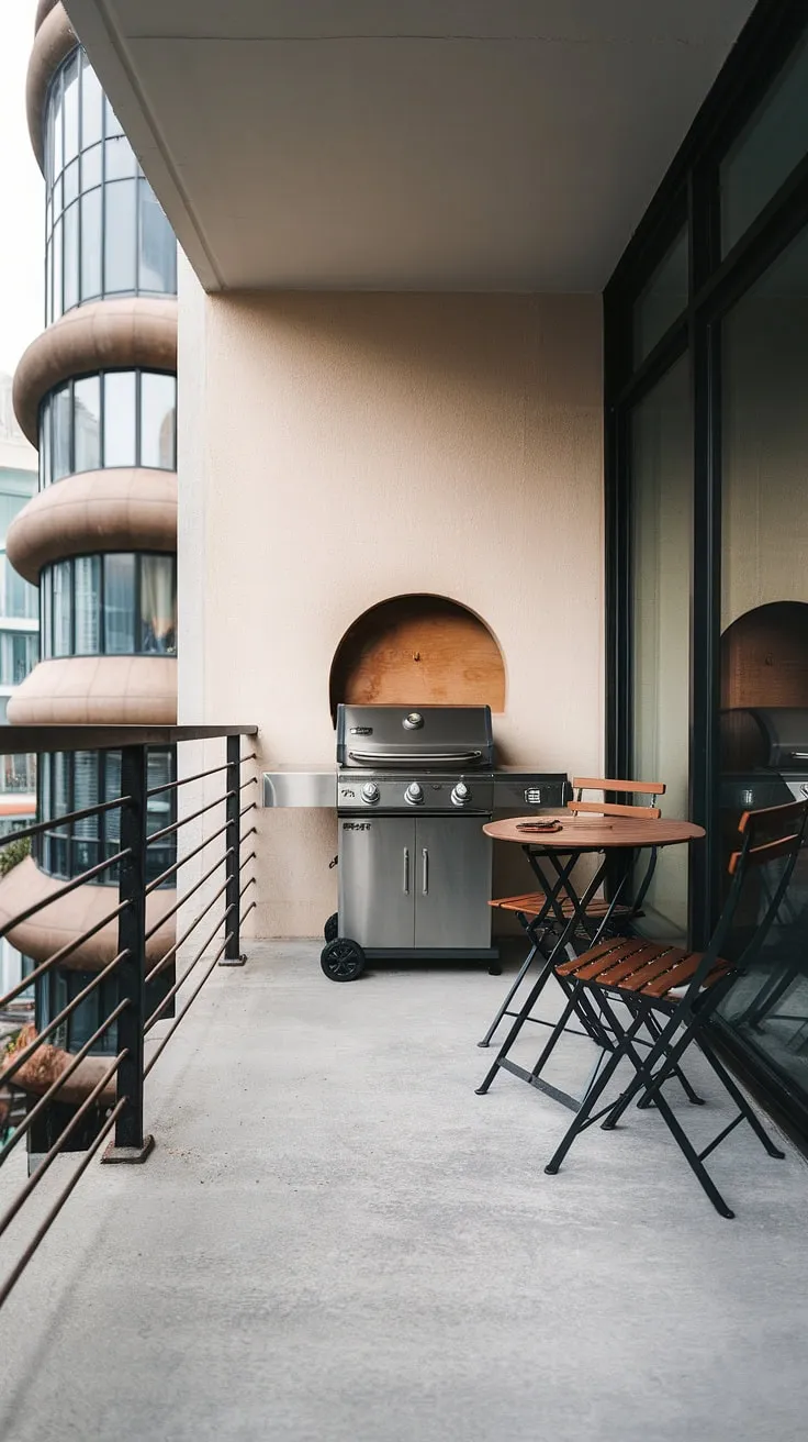 Modern balcony grill terrace: sleek metal railing, built-in grill, and minimalist furniture create the perfect outdoor living design. This balcony ideas showcase a stunning terrace grill design and modern fence design, complementing the unique building architecture. The grill door design seamlessly integrates with the patio design.