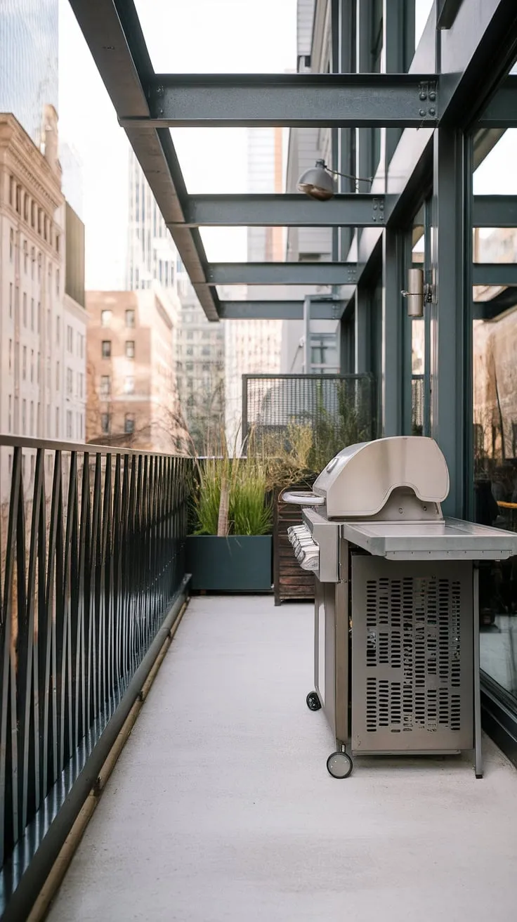 This sleek balcony grill terrace boasts a stunning modern fence design for its railing, creating a seamless transition between indoor and outdoor living spaces. The industrial-chic aesthetic, complete with exposed steel beams and a concrete floor, is perfectly complemented by the integrated grill door design, offering effortless access to an outdoor kitchen design. This patio design showcases innovative balcony ideas and a unique terrace grill design, ideal for city dwellers seeking sophisticated outdoor living.