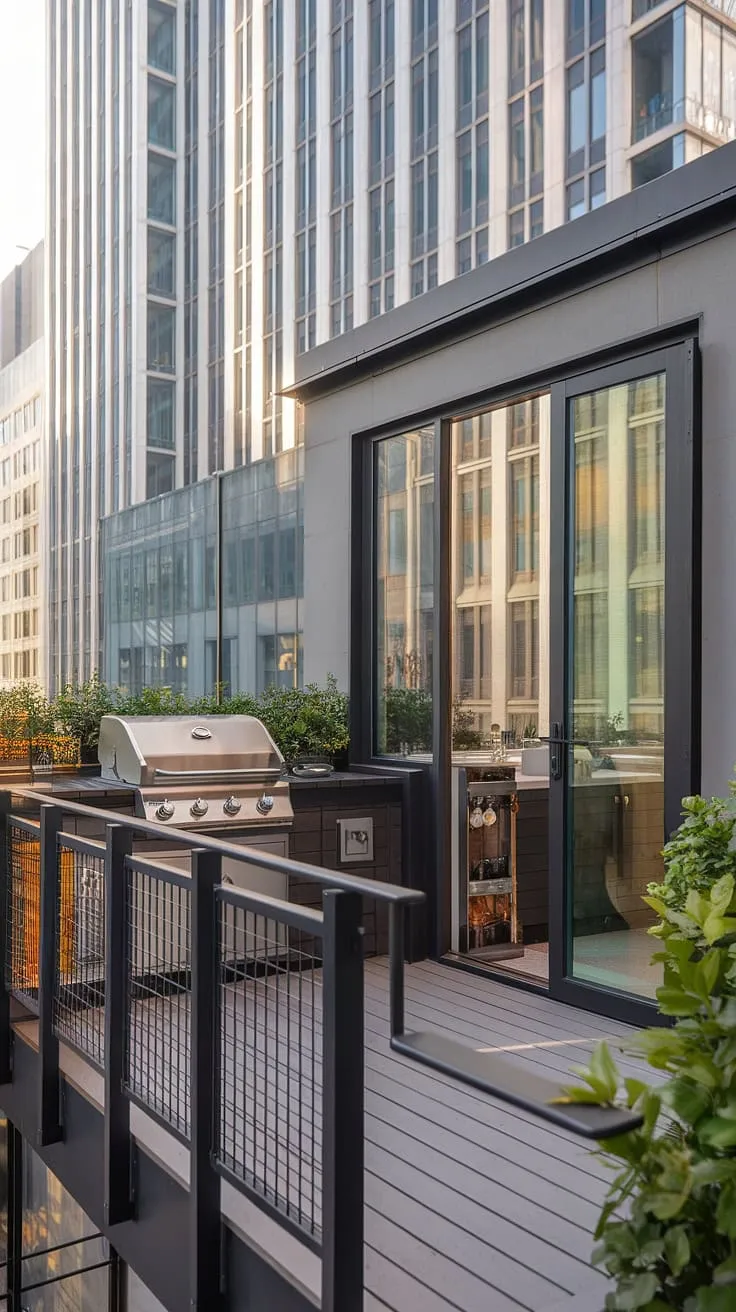 This balcony grill terrace boasts a captivating terrace grill design, showcasing a modern fence design and innovative balcony railing design. The integrated outdoor kitchen design and grill door design elevate this space into a perfect blend of outdoor living design and patio design.