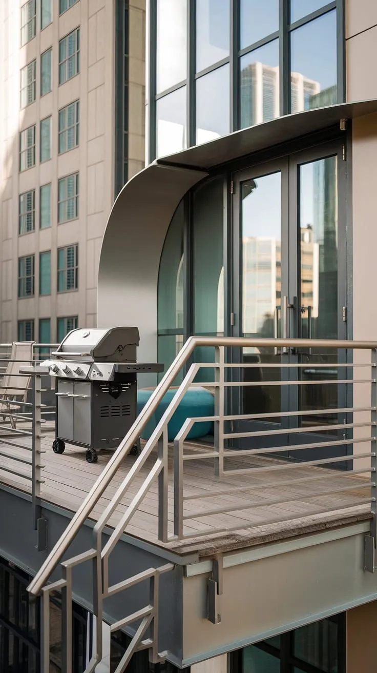Elevated outdoor living at its finest! This balcony grill terrace showcases a sophisticated balcony railing design and a unique grill door design. The extended wooden deck provides ample space for a grill and dining set, making it an ideal outdoor kitchen design. This stunning patio design and modern fence design offer endless balcony ideas and exemplify a chic terrace grill design.