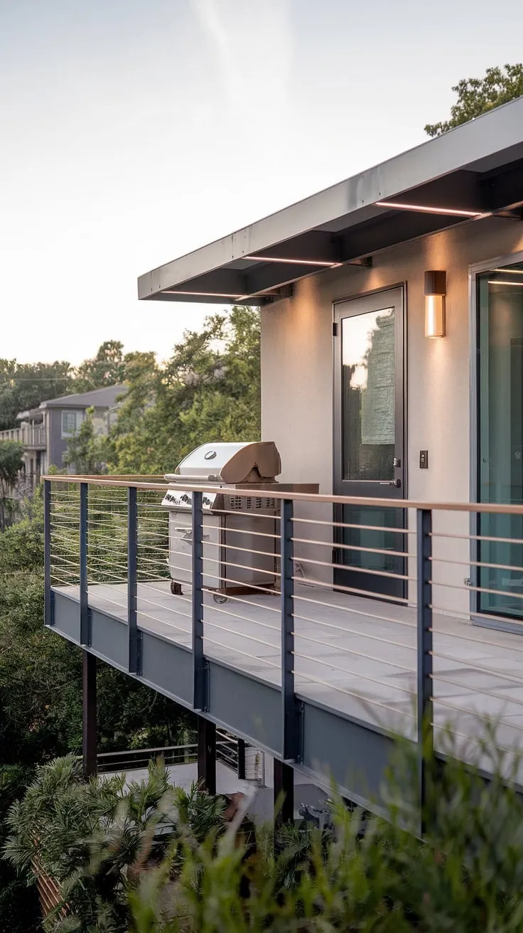 Elevated above the cityscape, this balcony grill terrace offers a luxurious outdoor living design. The modern fence design of the balcony railing design complements the stylish terrace grill design and integrated grill door design. This inspiring patio design is a testament to innovative outdoor kitchen design, providing ample balcony ideas for creating your own personal oasis.