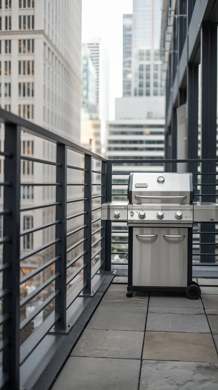 Elevated urban living at its finest. This terrace grill design showcases a contemporary balcony railing design and modern fence design, seamlessly blending indoor and outdoor spaces. The grill door design is a stylish addition to this outdoor kitchen design, making it ideal for balcony ideas and patio design inspiration.