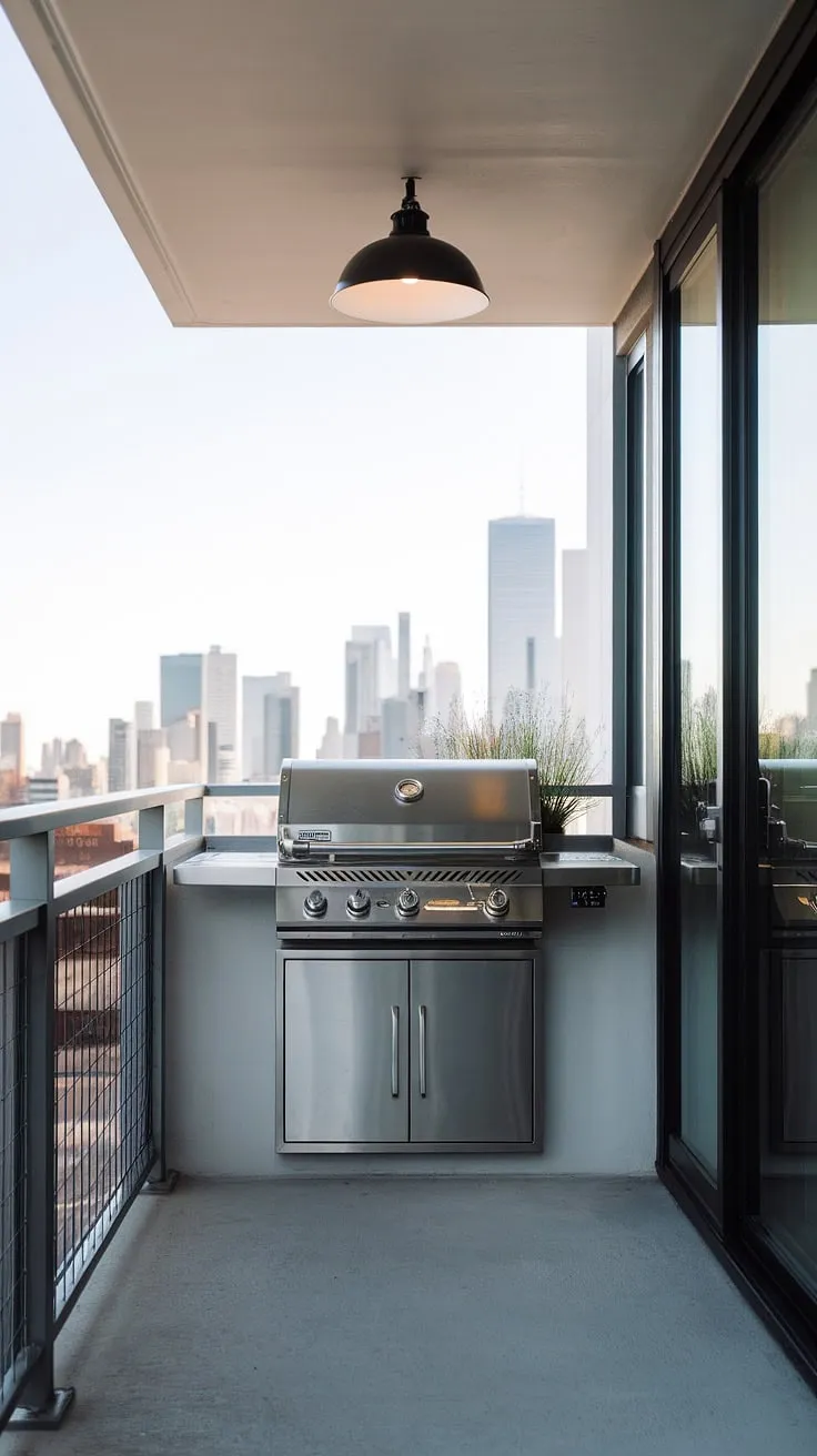 Urban oasis redefined: This balcony grill terrace boasts sleek modern fence design, a stunning grill door design, and inspiring balcony ideas for your outdoor living design. The perfect blend of patio design and outdoor kitchen design.