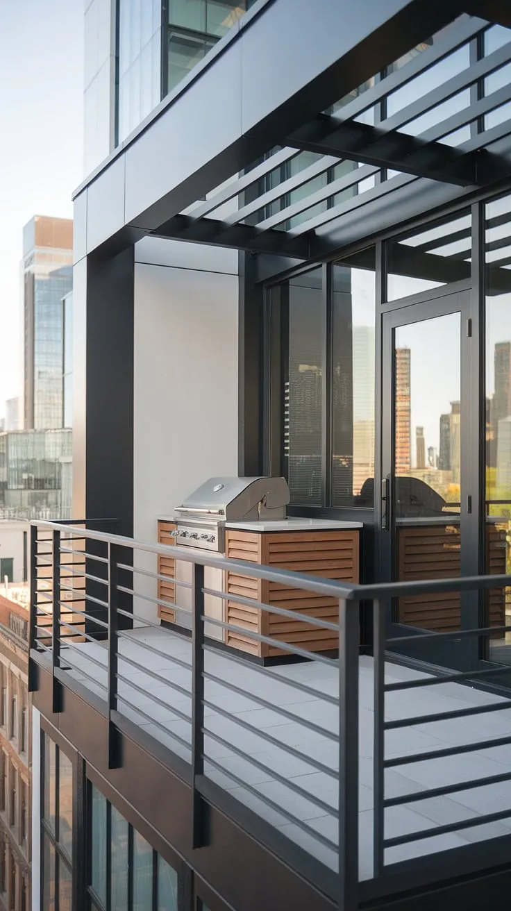 Urban oasis: This balcony grill terrace boasts sleek modern fence design and a stunning city view. Perfect balcony ideas for outdoor living design, featuring a stylish grill door design and innovative patio design.