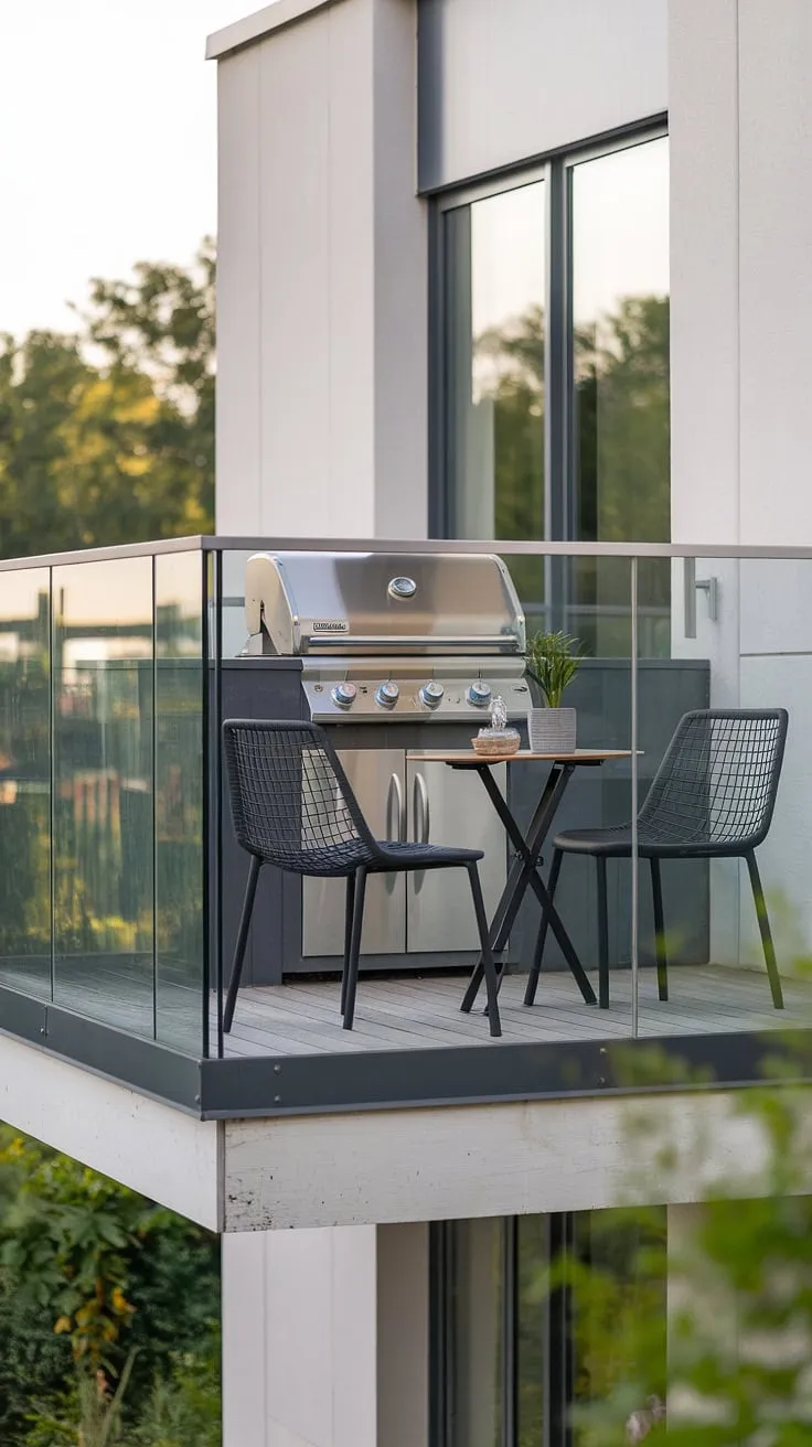 This modern balcony grill terrace boasts a sleek glass balcony railing design, perfectly complementing the built-in grill and intimate seating area. The outdoor living design is enhanced by the thoughtful terrace grill design, creating a seamless transition between indoor and outdoor spaces. This patio design showcases excellent balcony ideas, including a stylish modern fence design and a functional grill door design, all contributing to a sophisticated outdoor kitchen design.