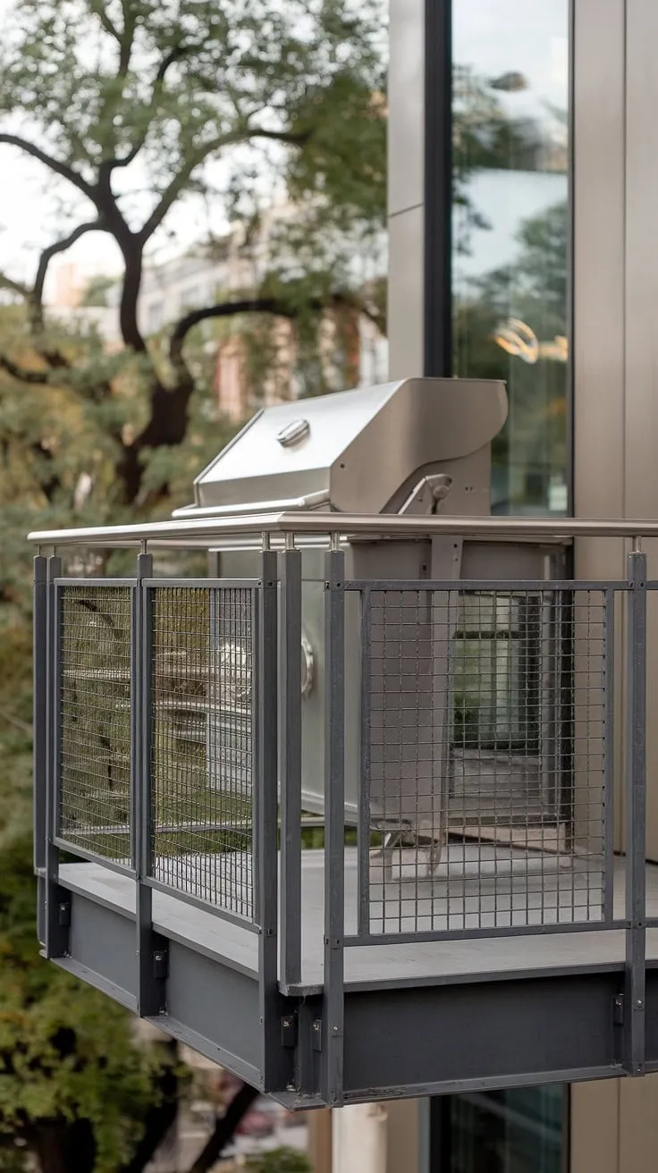 This modern balcony grill terrace boasts a sleek square steel balcony railing design, offering both privacy and style. The integrated grill door design seamlessly connects the indoor and outdoor living design, creating a perfect space for entertaining. This outdoor kitchen design and patio design inspiration showcases innovative terrace grill design and modern fence design ideas for your next project.