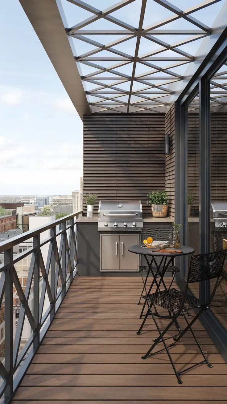 Elevate your outdoor space with this inspiring balcony grill terrace. The sophisticated balcony railing design and thoughtfully planned patio design create a seamless blend of style and functionality. The integrated grill, showcasing a unique grill door design, is the centerpiece of this outdoor kitchen design, perfect for al fresco dining. This modern fence design and choice of wooden flooring complete the look, offering exceptional balcony ideas for creating your own urban oasis.