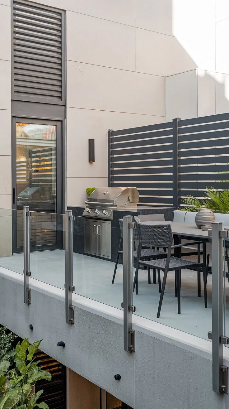 Sleek lines and minimalist design define this balcony grill terrace, showcasing innovative balcony railing design and a modern fence design. Perfect outdoor living design and patio design inspiration.