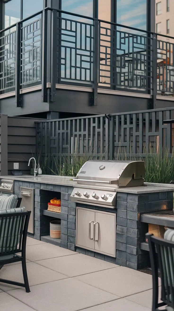 Experience the ultimate in outdoor living with this exceptional terrace grill design. The balcony grill is perfectly positioned near a stylish balcony railing design and modern fence design, creating a private and sophisticated setting. The integrated outdoor kitchen design, including a convenient grill door design, complements the inviting patio design. This is outdoor living redefined, showcasing innovative balcony ideas.