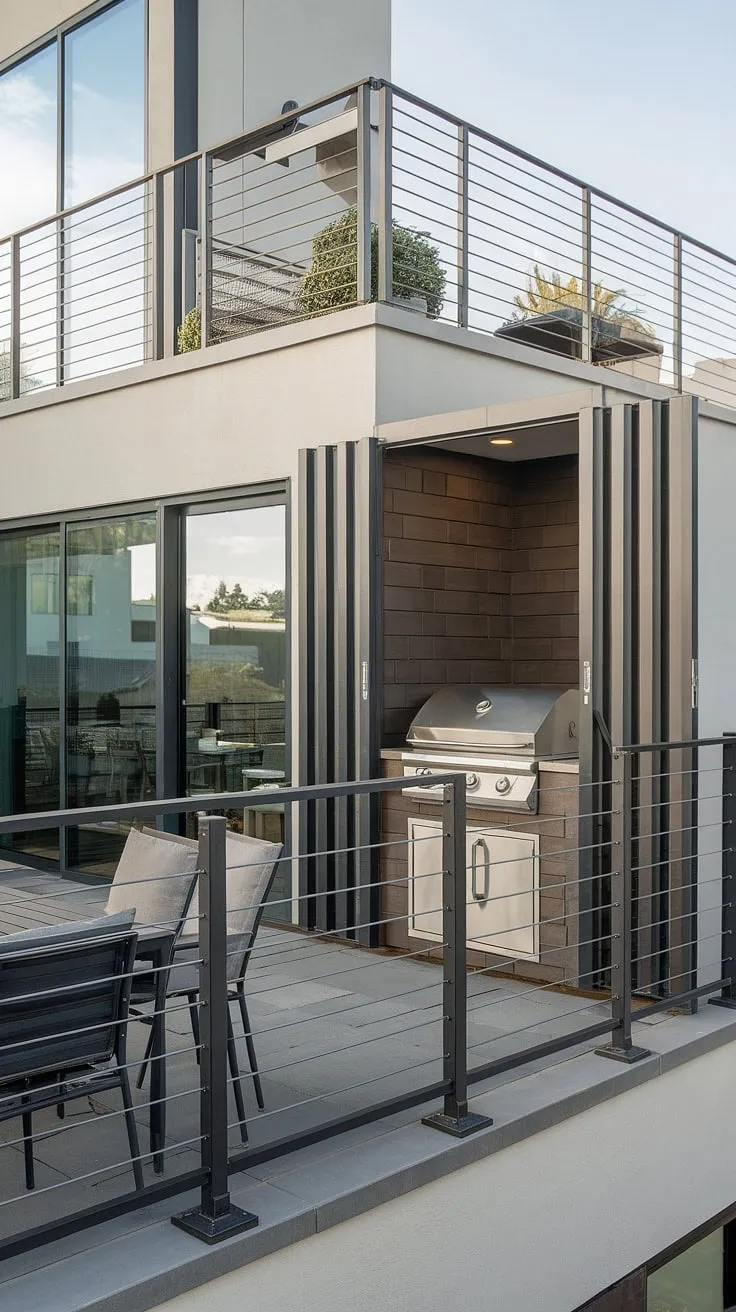 Escape to your own private oasis. This balcony grill terrace boasts a stunning terrace grill design, innovative balcony ideas, and a functional outdoor living design, all enhanced by a minimalist balcony railing design and a thoughtfully designed outdoor kitchen.