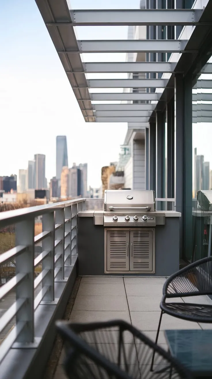 This urban oasis boasts a stunning balcony grill terrace, showcasing sleek modern fence design and a minimalist balcony railing design. The integrated grill door design seamlessly blends with the outdoor living design, creating the perfect space for al fresco dining. This patio design offers inspiring balcony ideas and a sophisticated terrace grill design, overlooking a breathtaking city skyline.