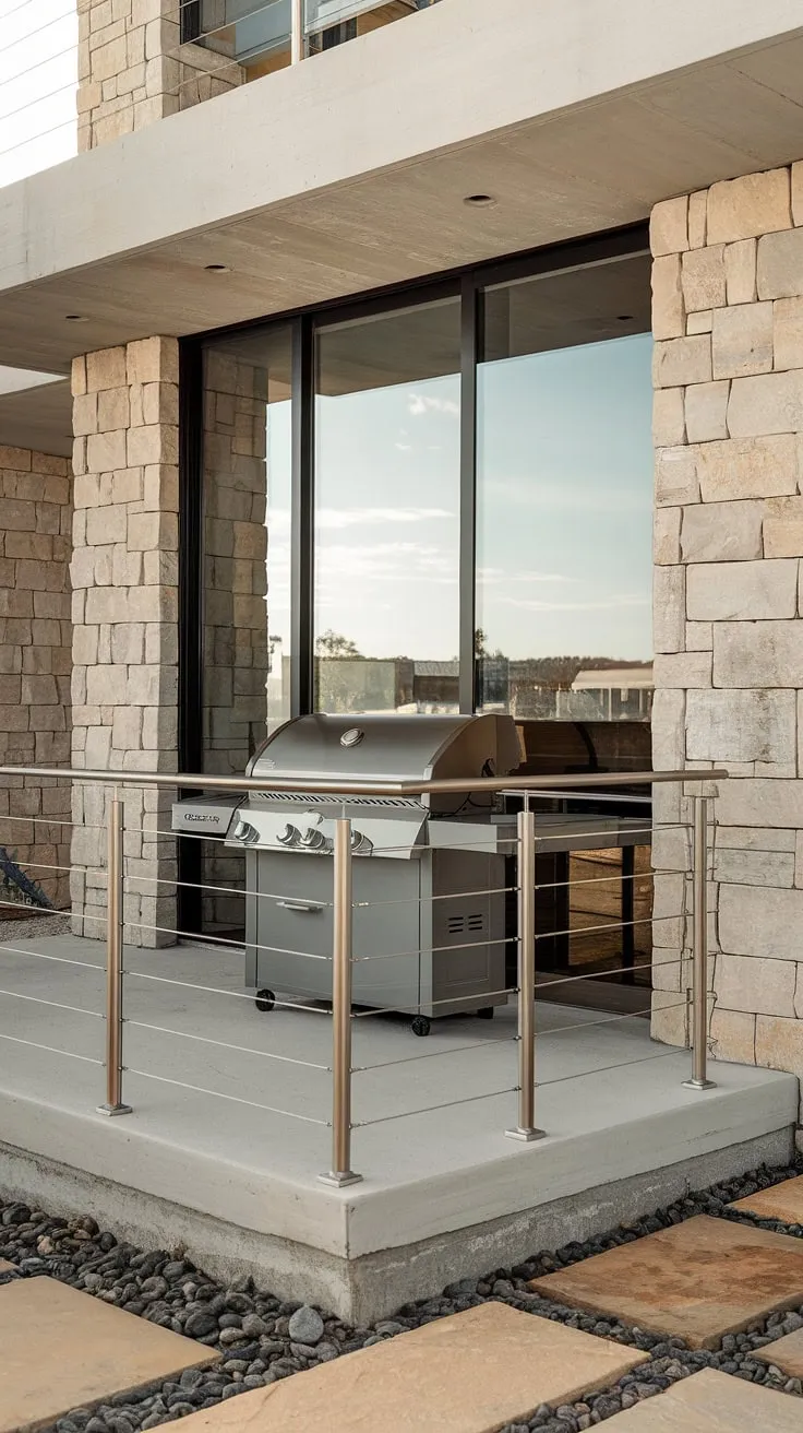 This minimalist outdoor living design features a sleek balcony grill terrace, perfect for al fresco dining. The modern fence design of the steel tube balcony railing complements the stone wall and paved patio, while the glass grill door design seamlessly connects indoor and outdoor spaces. This terrace grill design offers a sophisticated outdoor kitchen design, showcasing innovative balcony ideas.