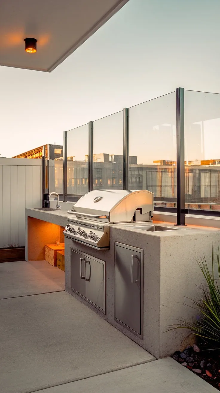 Urban oasis redefined: This balcony grill terrace boasts sleek outdoor kitchen design, modern fence design, and stunning balcony railing design, perfect for al fresco dining. Balcony ideas elevated.