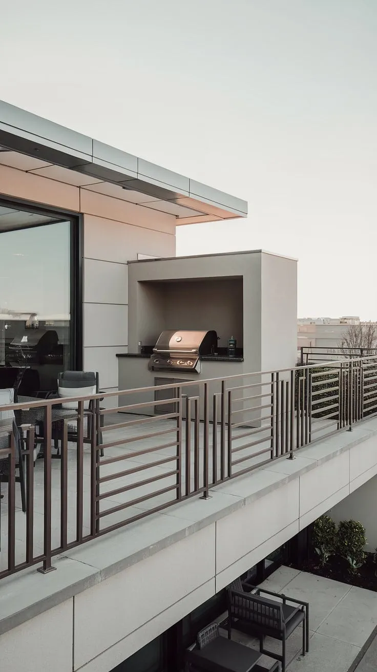 This minimalist balcony grill terrace boasts a sleek geometric balcony railing design and a modern fence design that seamlessly integrates with the outdoor living design. The terrace grill design features a stylish grill door design, while the small outdoor kitchen, complete with sink and counter, enhances the functionality. The connecting patio design with its simple seating provides the perfect extension for outdoor entertaining. This is prime inspiration for balcony ideas and patio design.